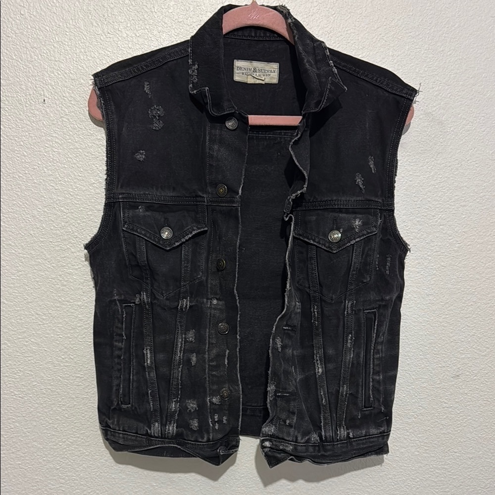 Ralph Lauren Denim Supply Distressed Jean Denim Vest American Flag Patriotic